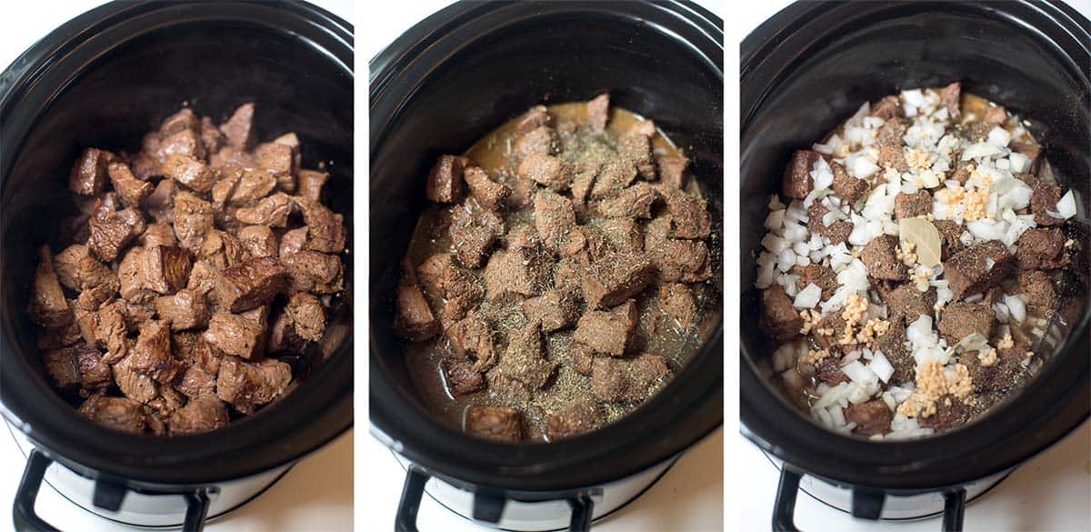 Three images of beef tips in a slow cooker with seasonings, garlic, and broth.