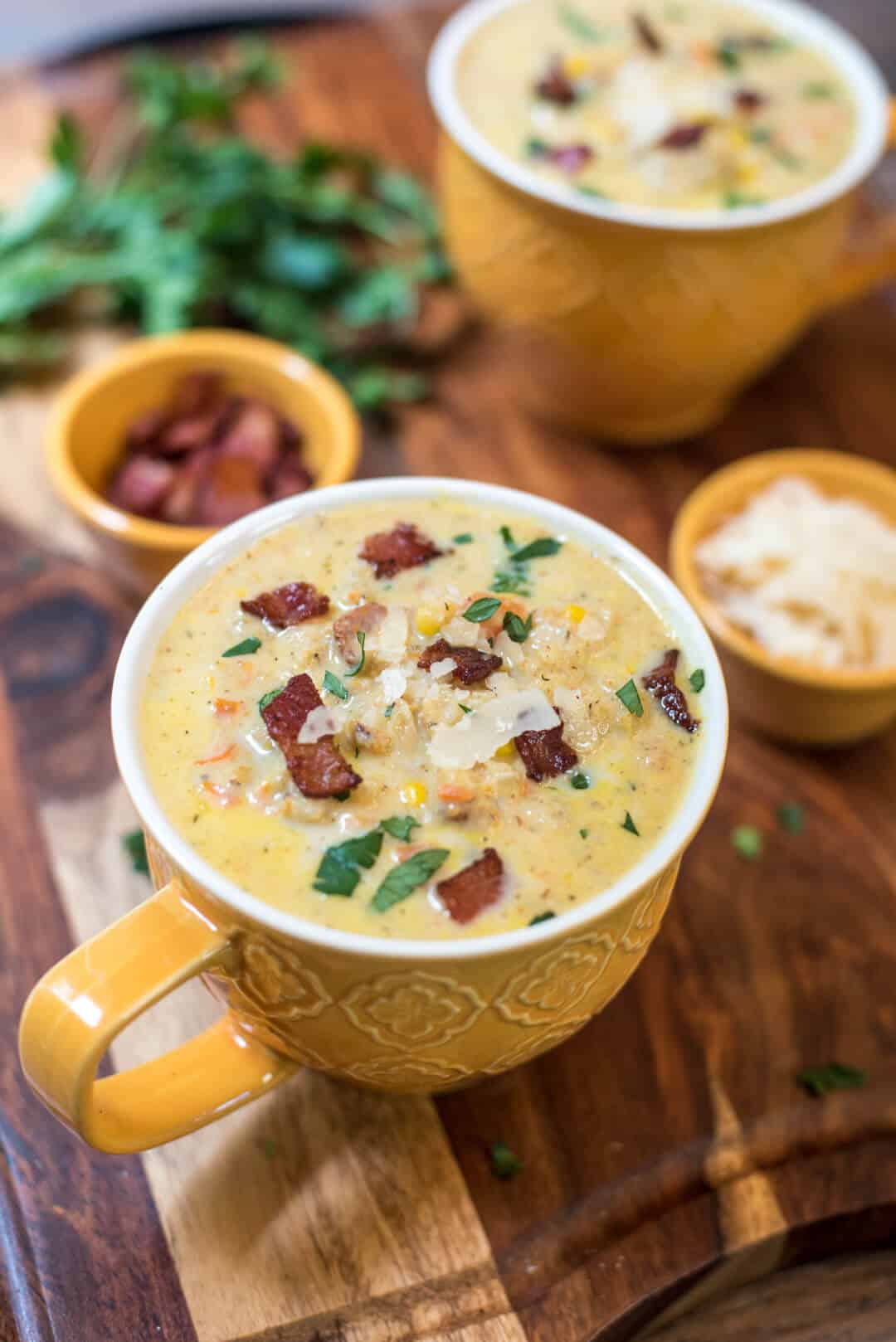 Roasted cauliflower, garlic, bacon and Parmesan add incredible flavor that pairs perfectly with sweet corn in this Roasted Cauliflower Corn Chowder.