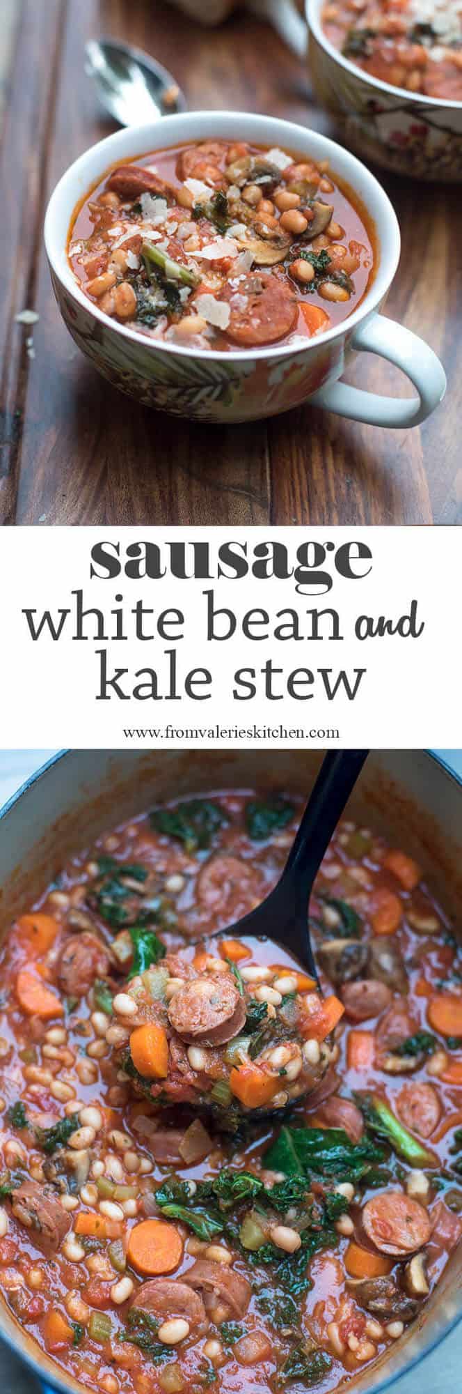 Two images of Sausage White Bean and Kale Stew with text overlay.