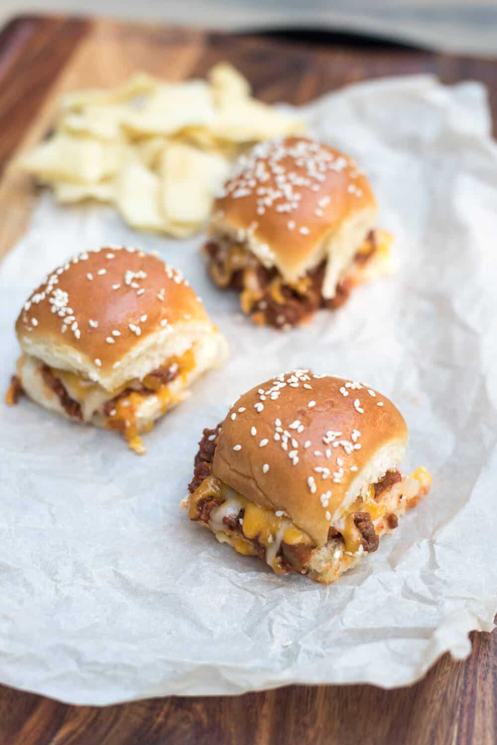 Sloppy Joe Sliders on a piece of white parchment paper