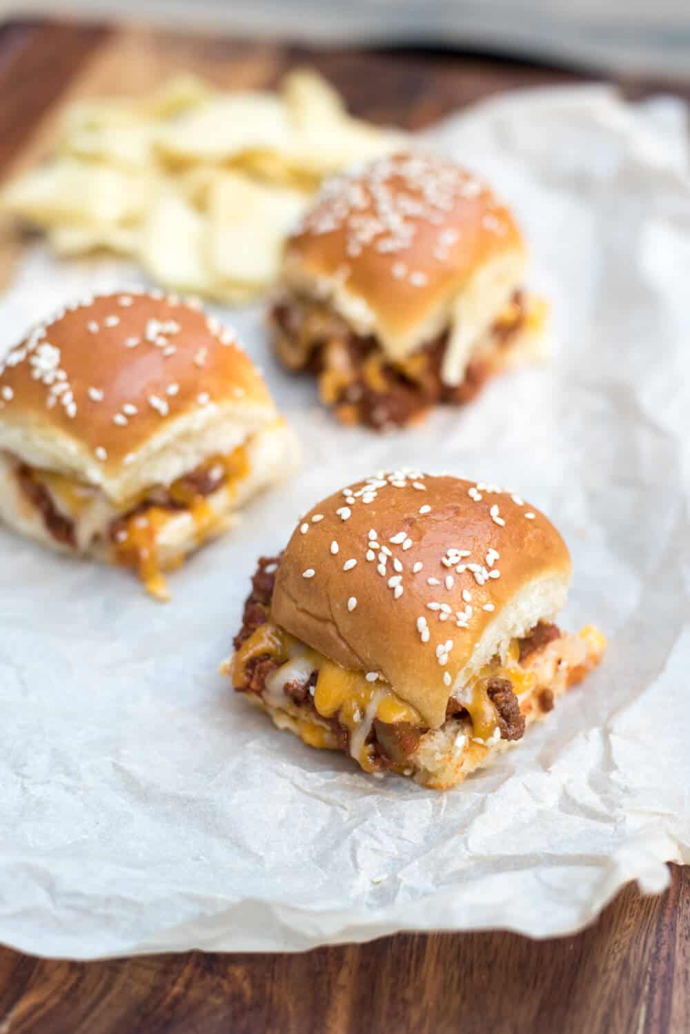 Sloppy Joe Sliders on a piece of white parchment paper.