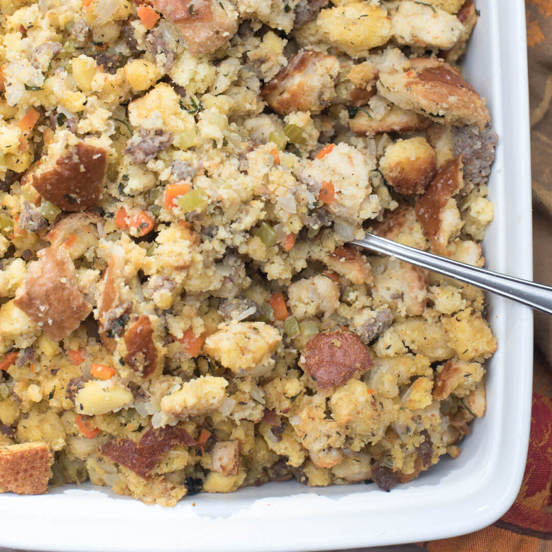 Cornbread Stuffing with Sage Sausage and Apples
