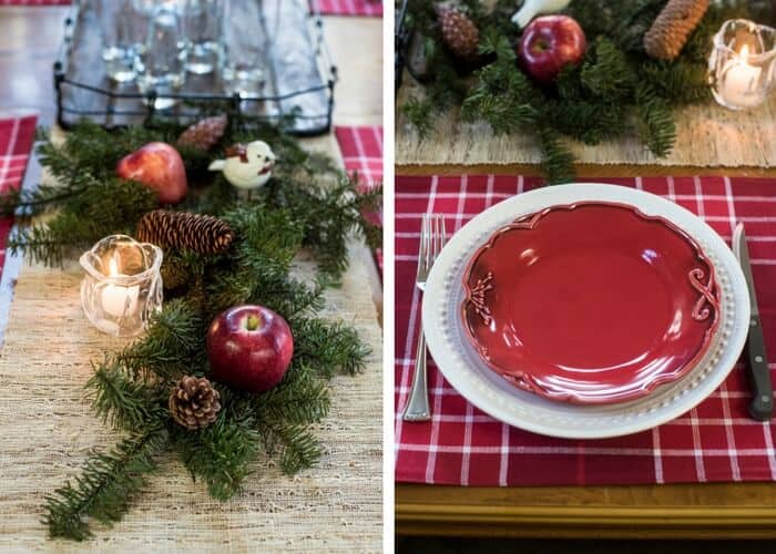 A holiday table setting with red and white plates and a checkered placemat.