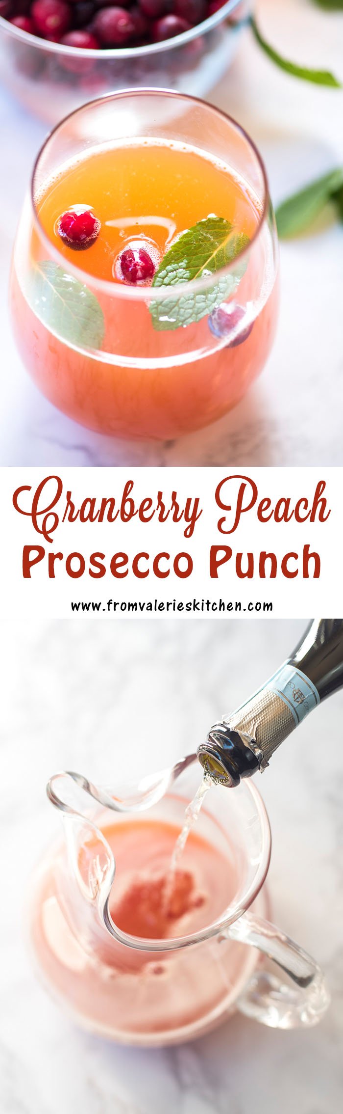 Cranberry Peach Prosecco Punch is a sweet, bubbly, and exceptionally festive beverage perfect for a holiday brunch or New Year's Eve celebration!