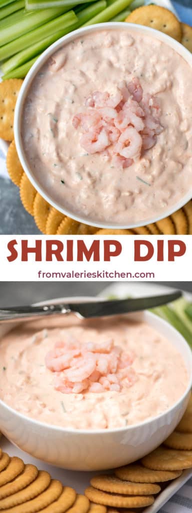 A white bowl filled with shrimp dip with celery and crackers around it.