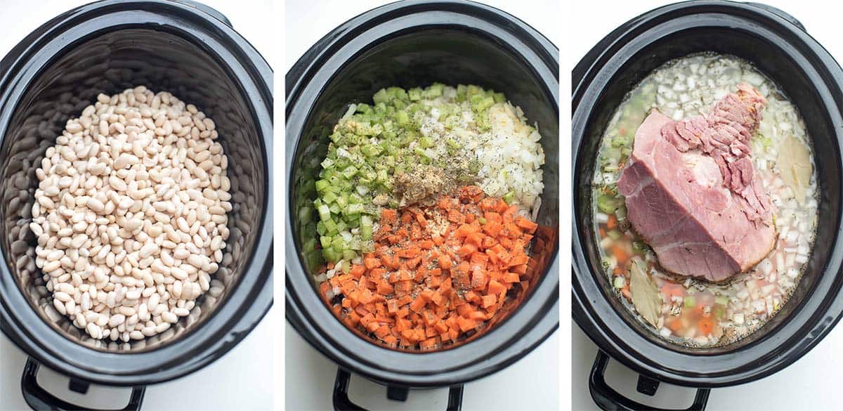 Three images of beans, vegetables, broth, and a ham bone in a slow cooker.