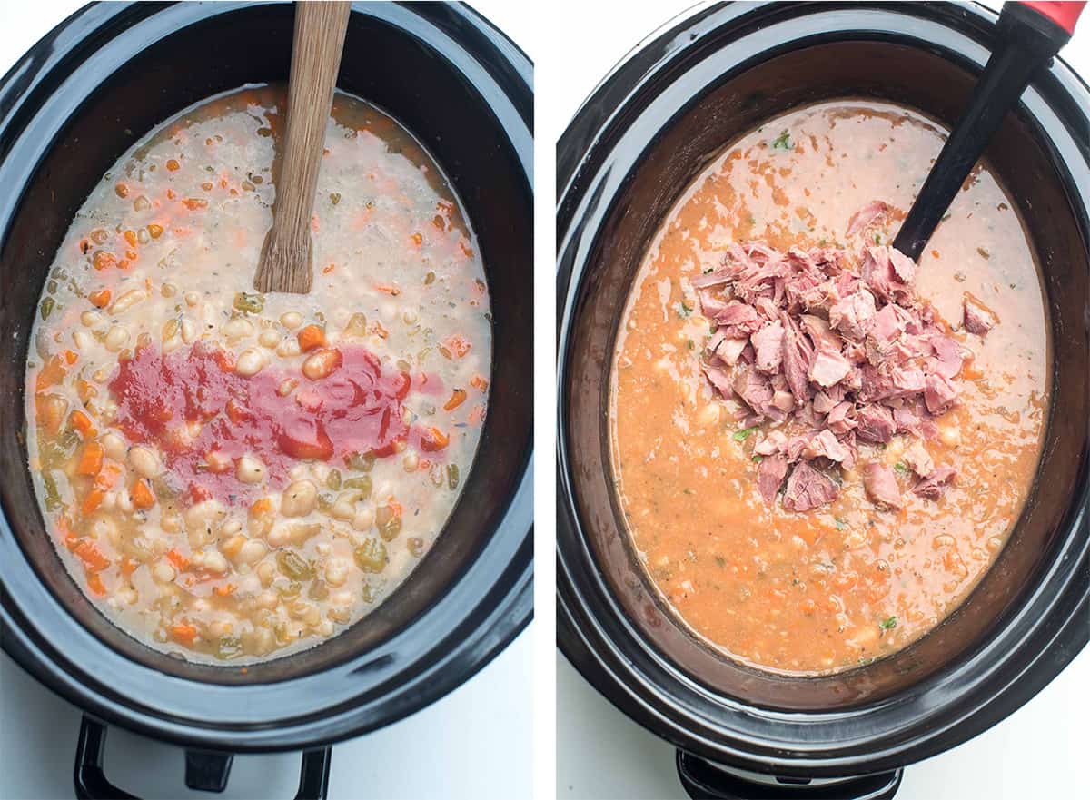 Two images of tomato sauce and ham added to ham and bean soup in a slow cooker.