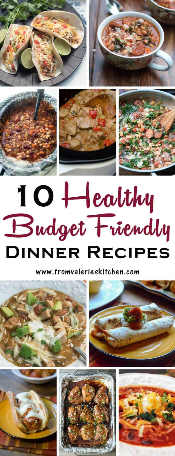 A collage of different budget friendly dinner recipes.