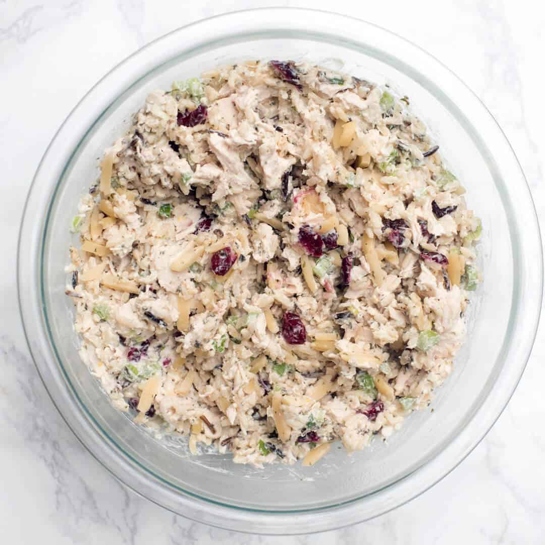 Long Grain and Wild Rice Chicken Salad in a glass bowl.