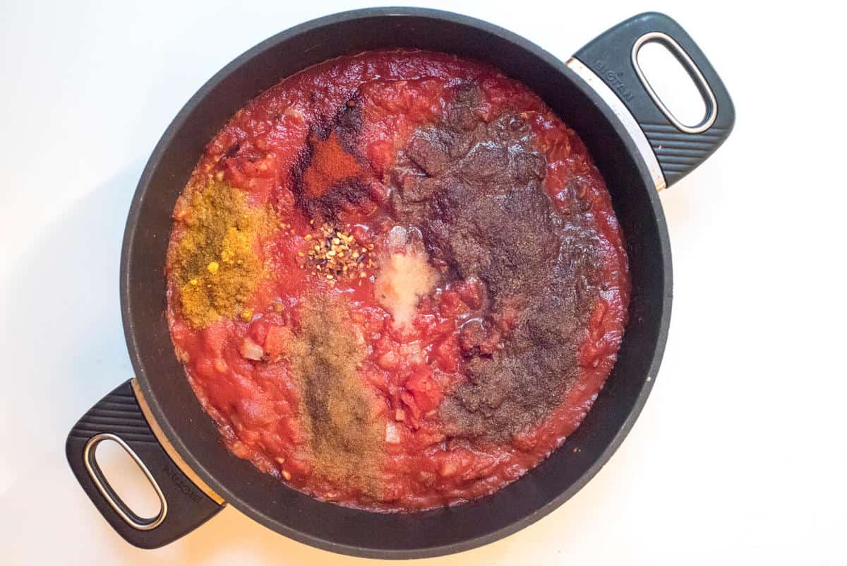 Tomato and spices in a skillet.