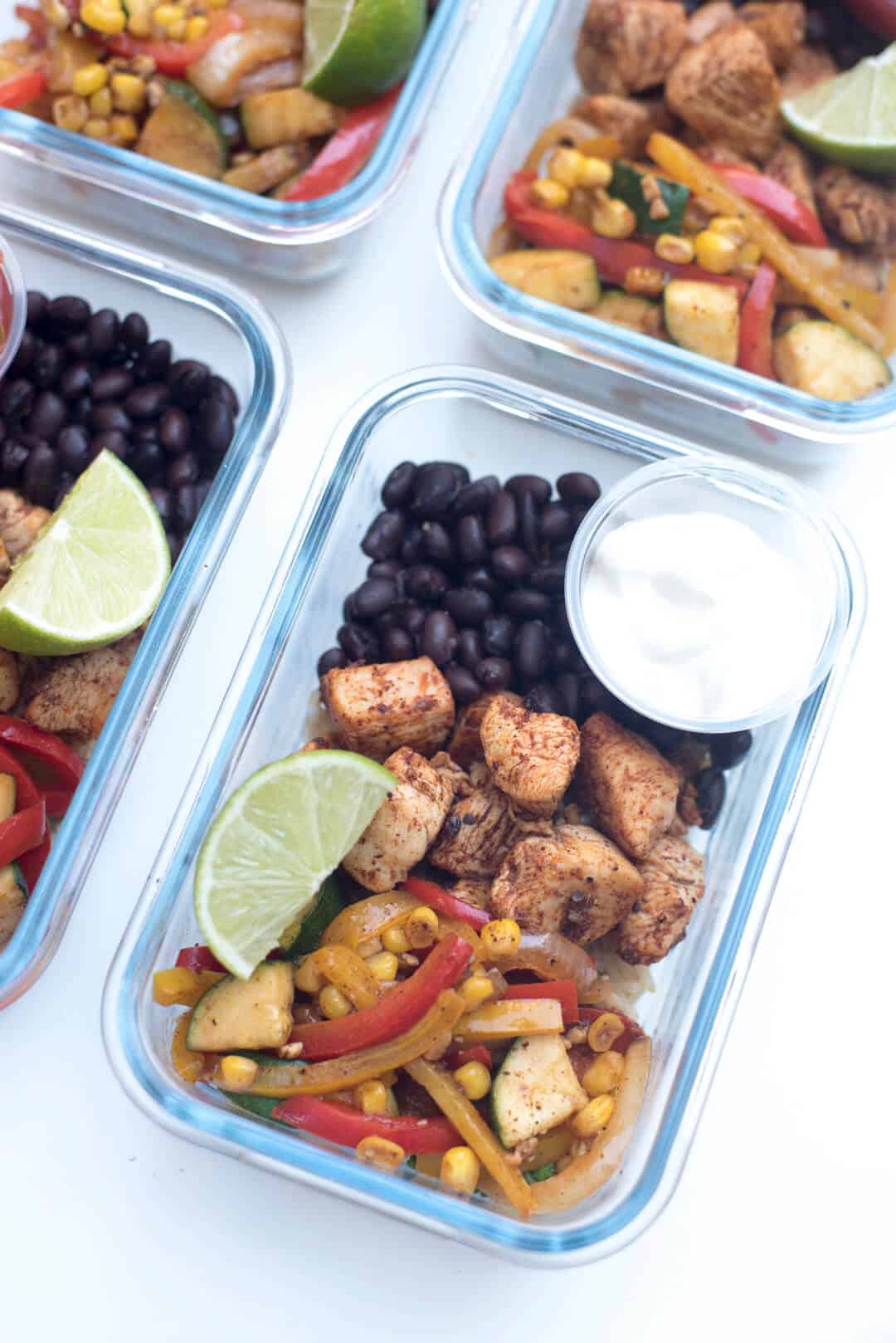 A closeup of of Tex-Mex Chicken Meal Prep Bowls.