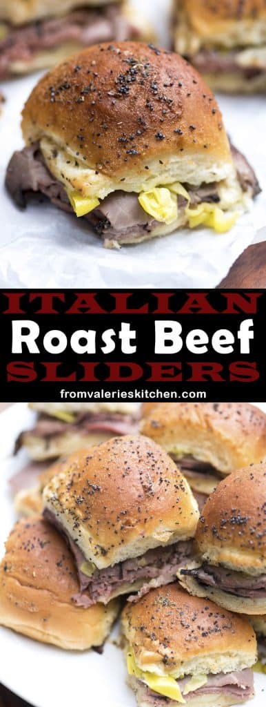 A two image vertical collage of Italian Roast Beef Sliders with text overlay.