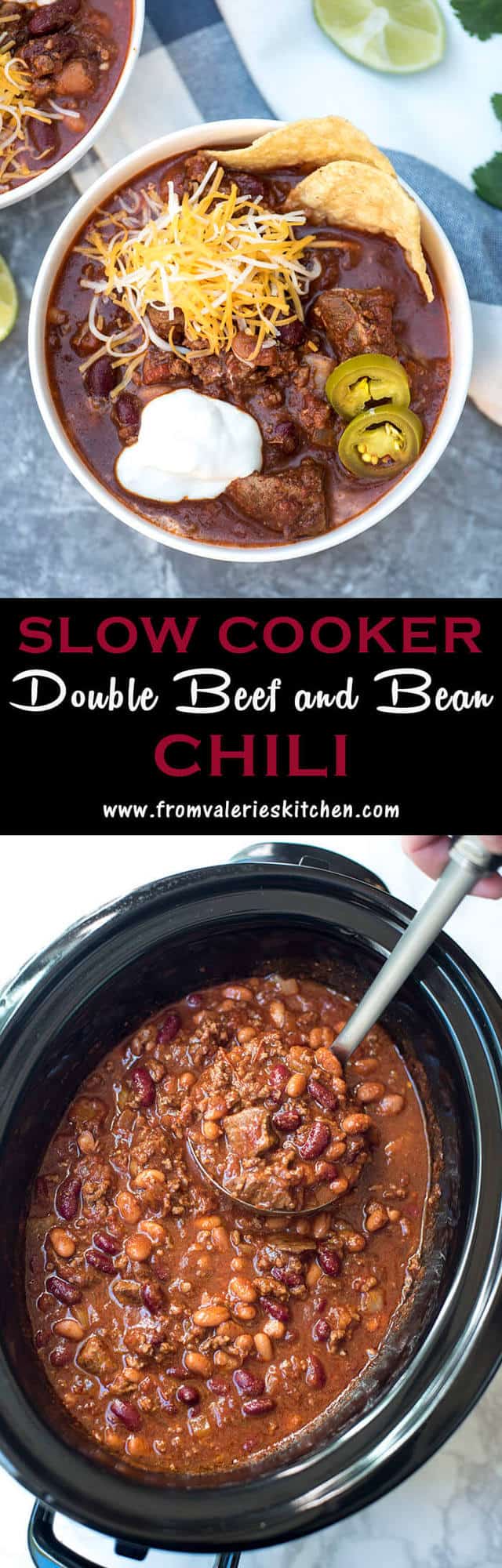 Two images of Slow Cooker Double Beef and Bean Chili with text overlay.