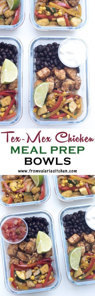 A two image vertical collage of Tex-Mex Chicken Meal Prep Bowls with text overlay.