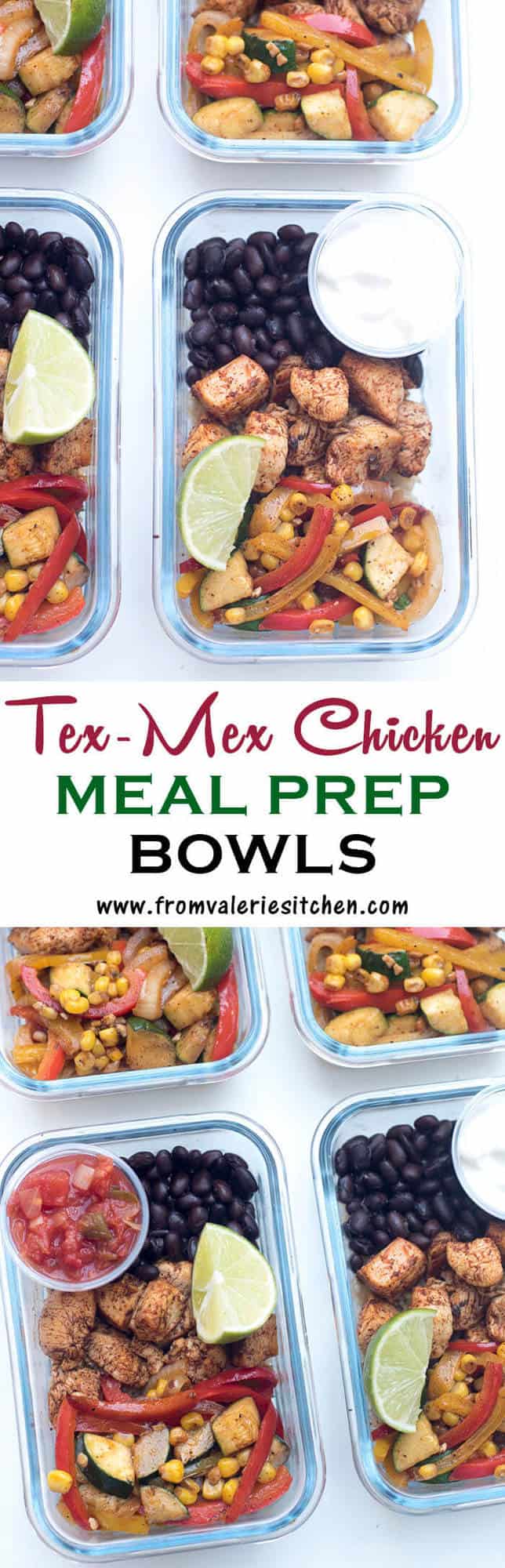 A two image vertical collage of Tex-Mex Chicken Meal Prep Bowls with text overlay.