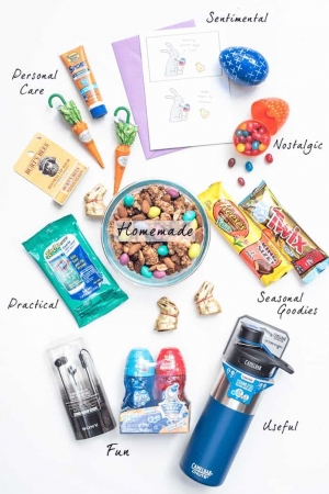 College care package items on a white surface with text overlay.