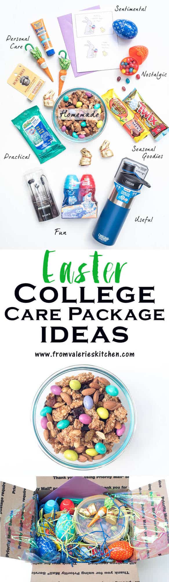 Easter care package items for a college student on a white board with text overlay.