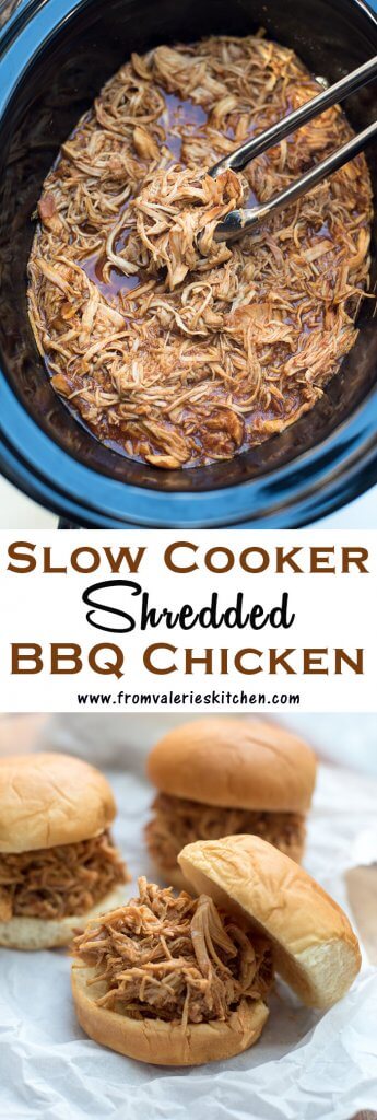 A two image vertical collate of Slow Cooker Shredded BBQ Chicken with text overlay.