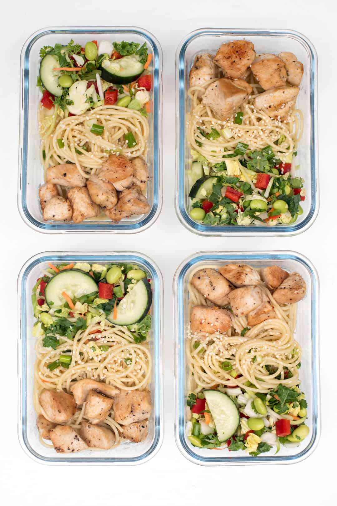 Four Thai Peanut Chicken Meal Prep Bowls shot from over the top.