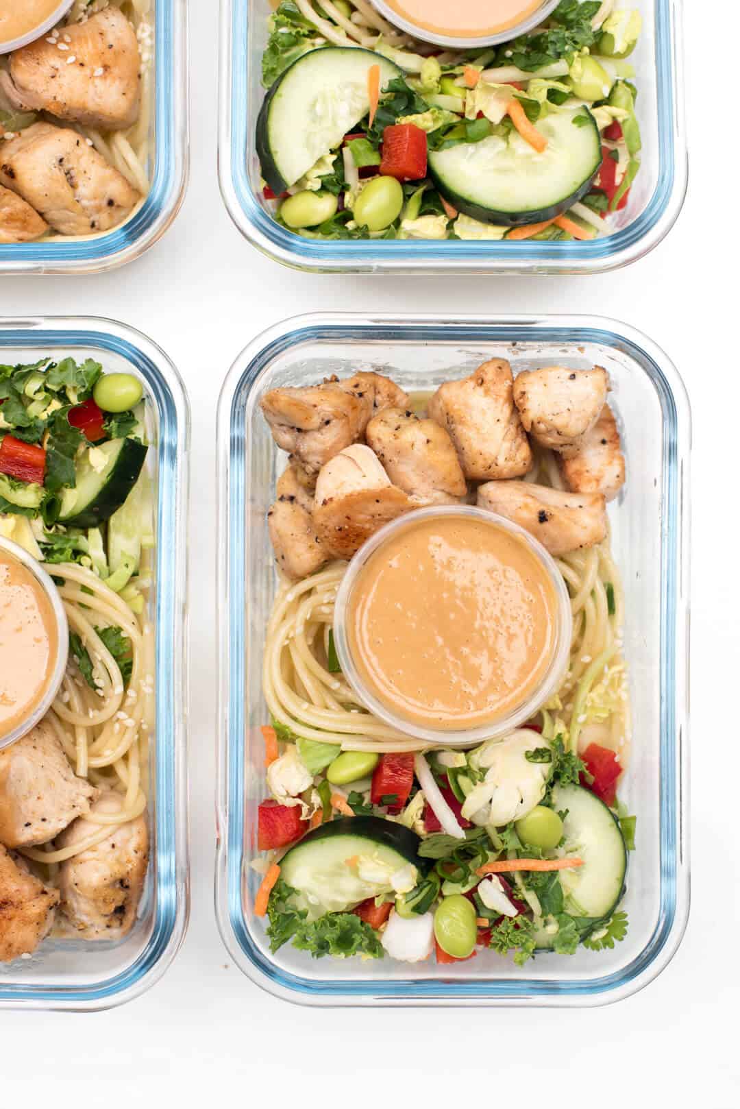 A close up of one of the meal prep bowls shot from over the top.