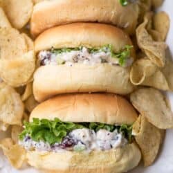 Cranberry Almond Poppy Seed Chicken Sandwiches on small buns surrounded by potato chips.