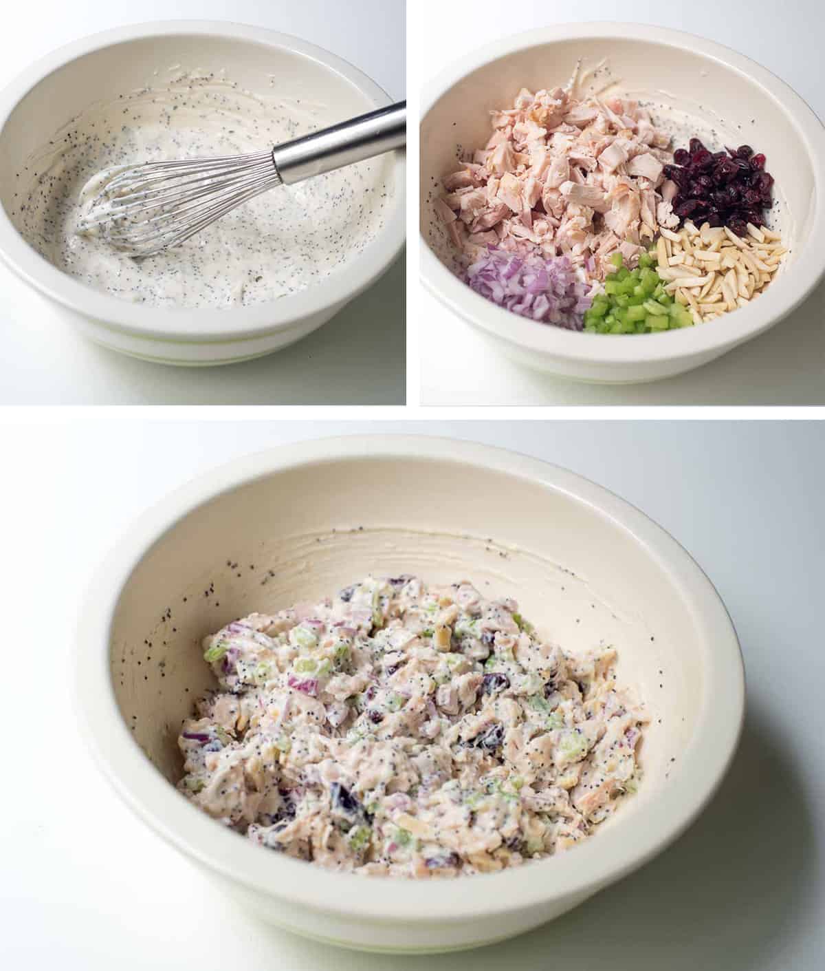 Three images of poppy seed dressing in a bowl and after combined with cranberry chicken salad.