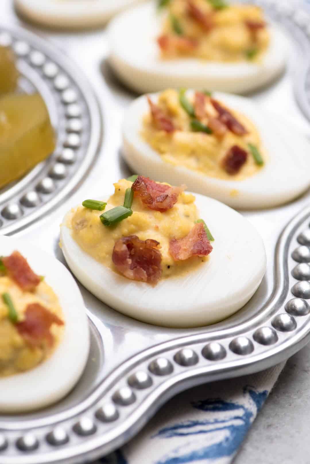 A close up shot of deviled eggs.