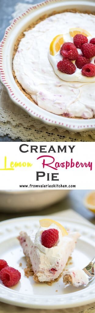 A two image vertical collage of Creamy Lemon Raspberry Pie with text overlay.