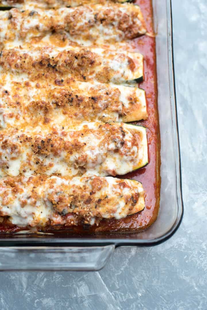  Zucchini boats in a casserole dish.