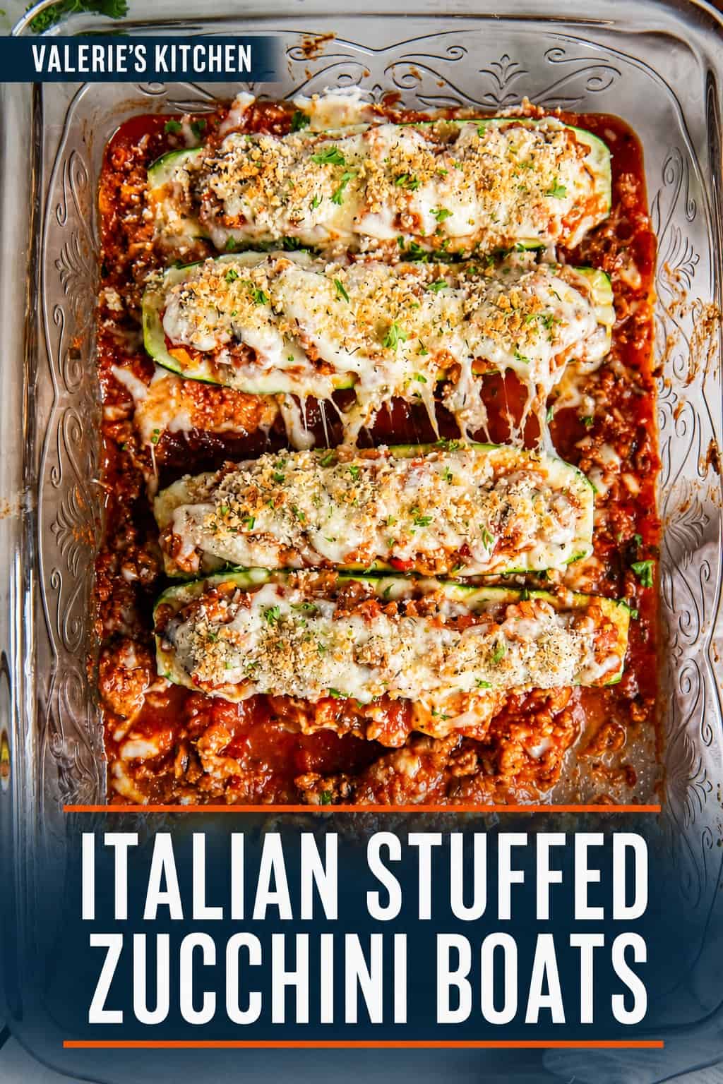 A spatula resting under an Italian Stuffed Zucchini Boat in a baking dish with bold title text overlay.