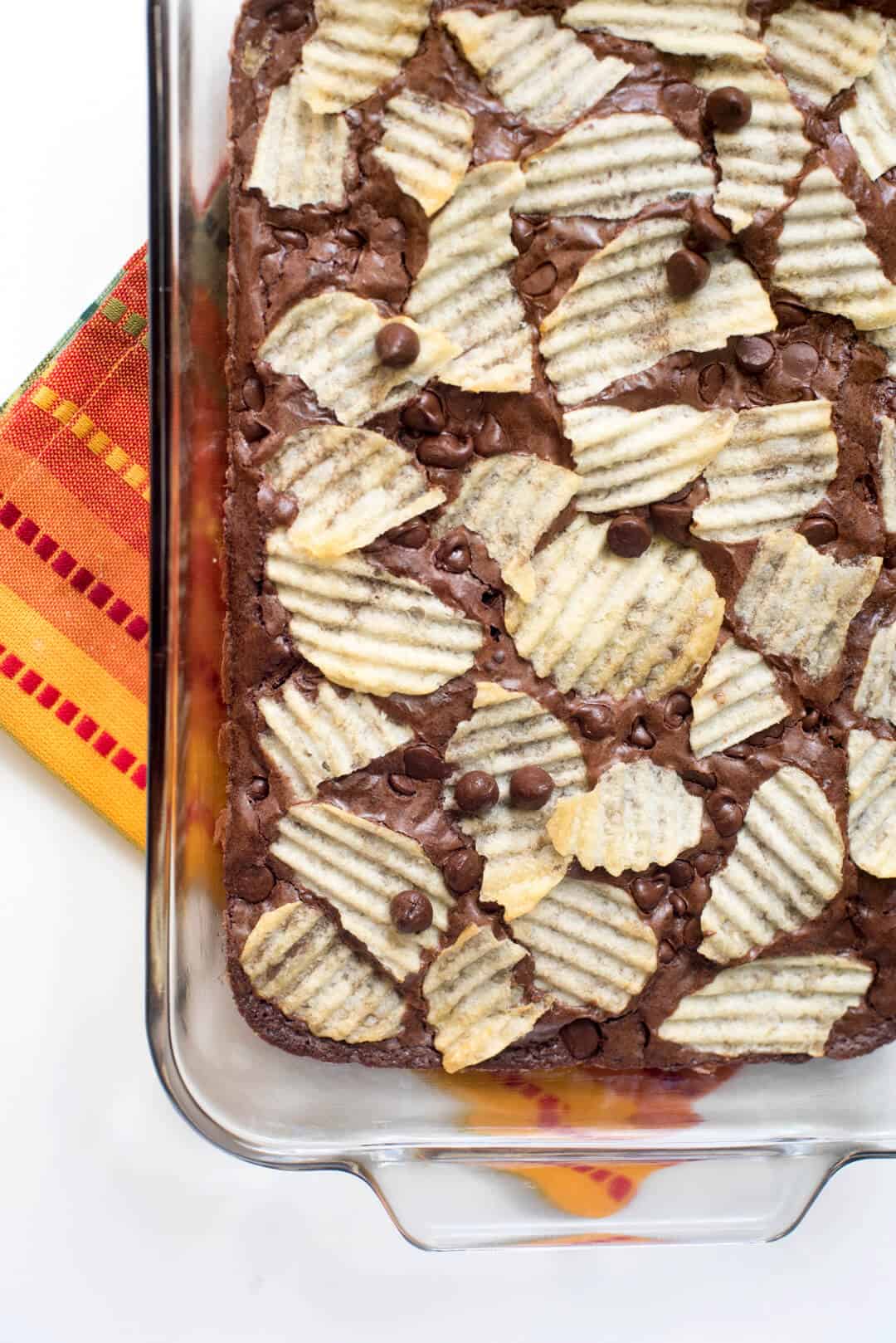 An over the top close up shot of Potato Chip Brownies in a baking dish.