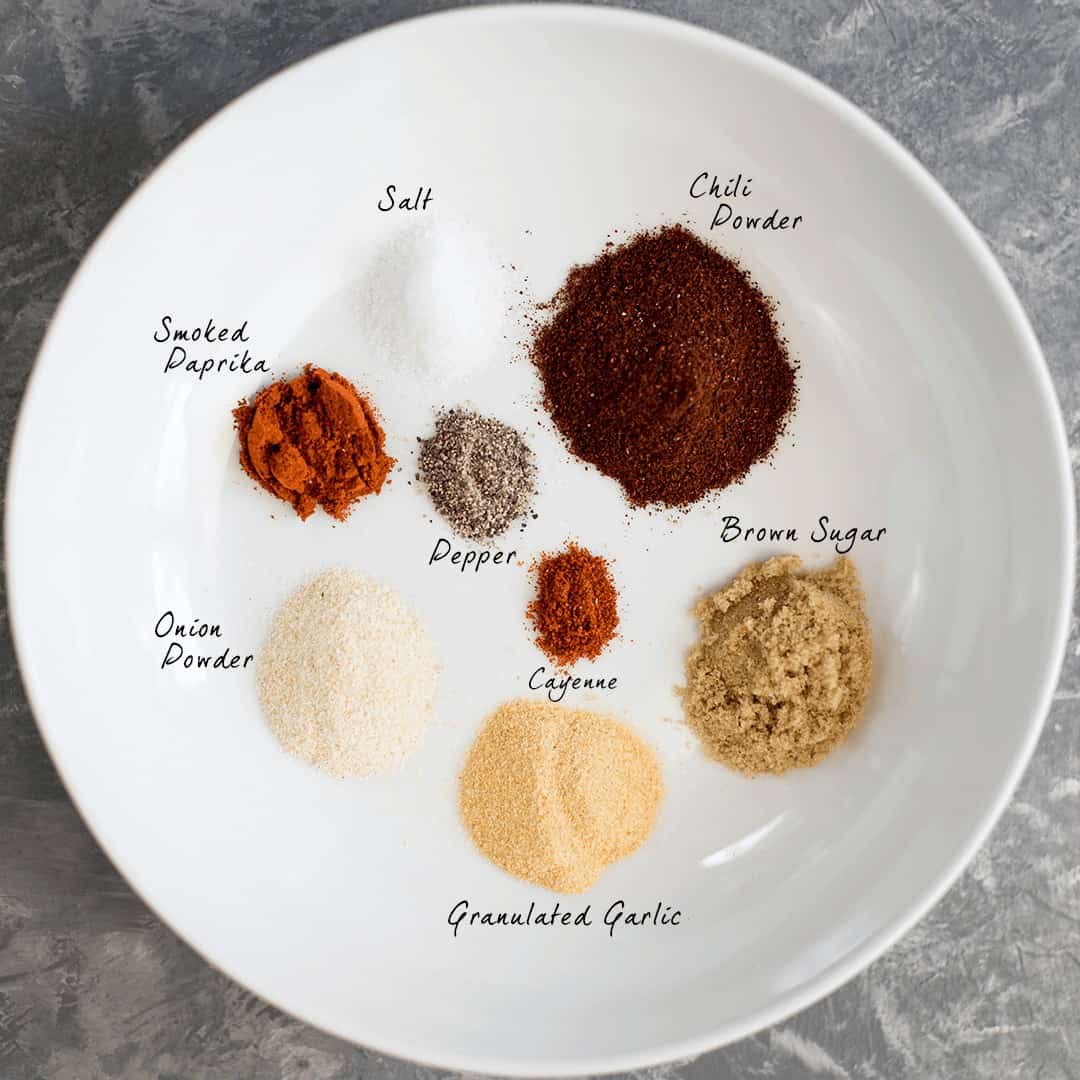 The spices on a white plate with text overlay.