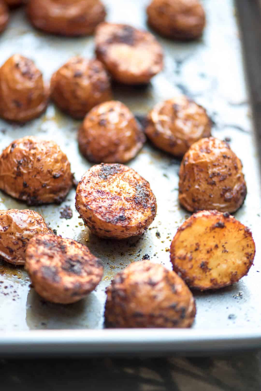 Oven Roasted BBQ Potatoes on a baking sheet.