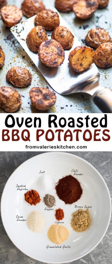 A two image vertical collage of Oven Roasted BBQ Potatoes with text overlay.