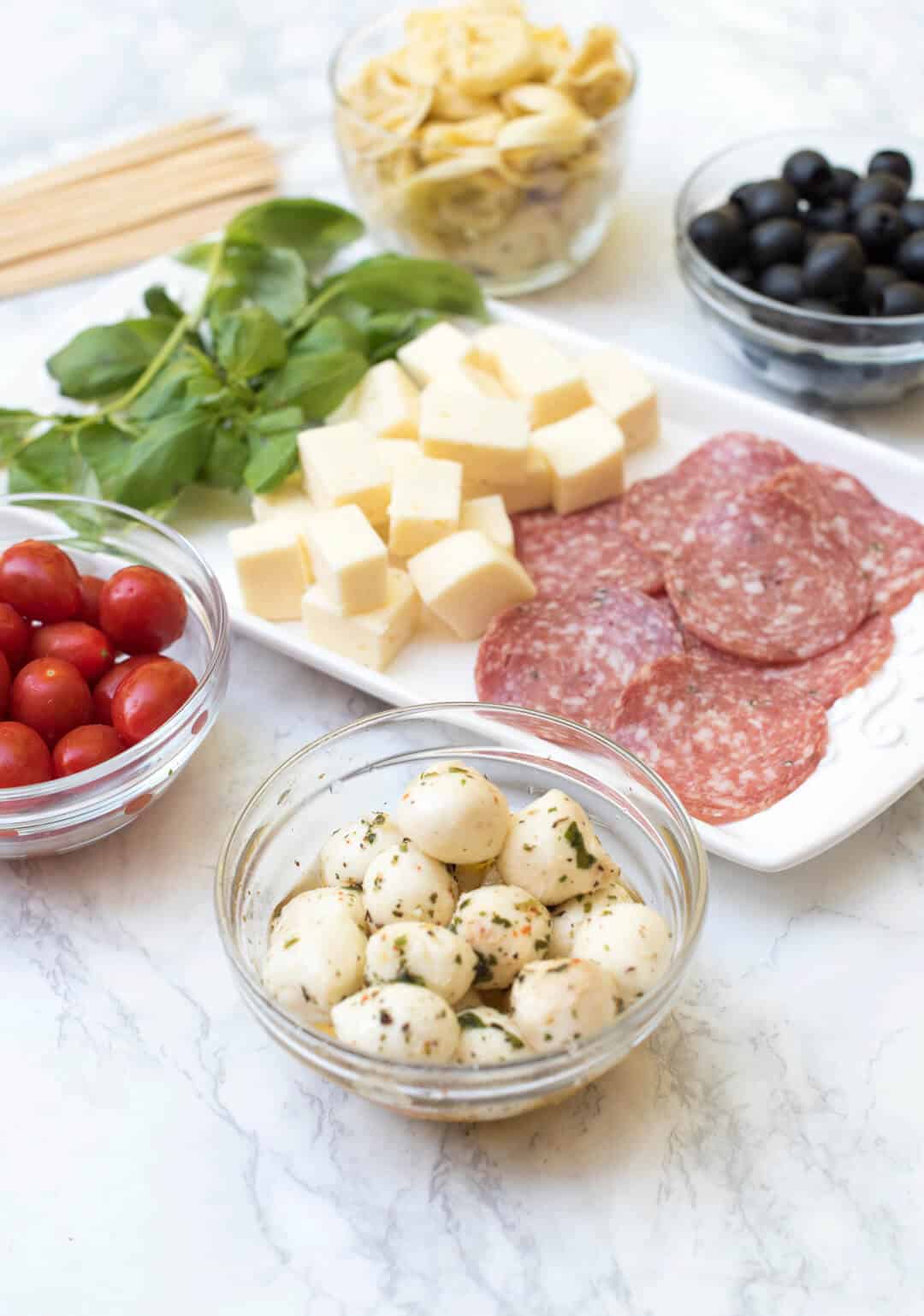 A closeup image of the ingredients on a marble counter.