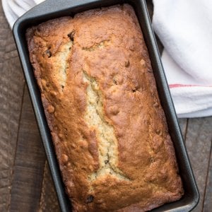 A loaf of quick bread in a loaf pan.