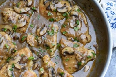 A skillet of sauce, chicken, and mushrooms.