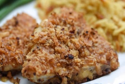 A close up browned breaded chicken on a plate.