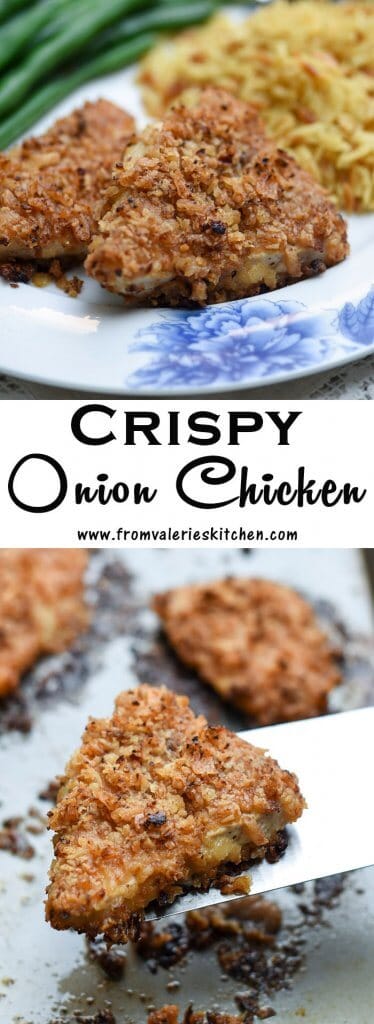 Two images of Crispy Onion Chicken with overlay text.
