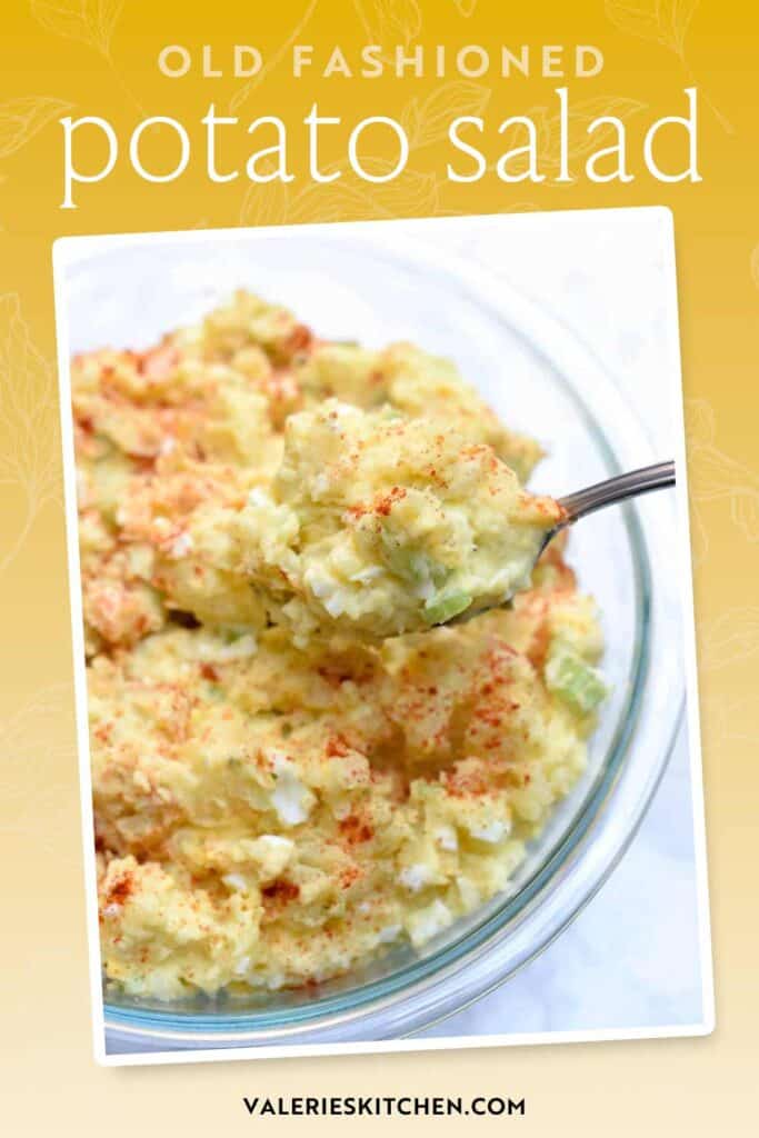 A spoon scooping potato salad from a bowl with text overlay.