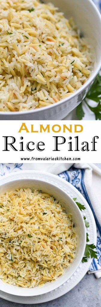 A two image vertical collage of Almond Rice Pilaf with text overlay.
