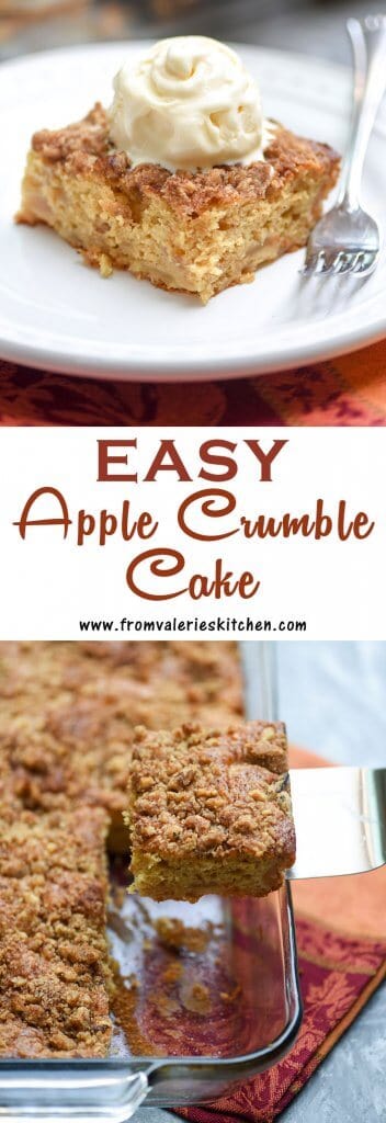 Two images of Apple Crumble Cake with overlay text.