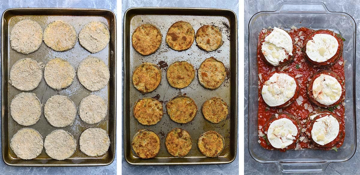 Three images of breaded and baked eggplant on a baking sheet and assembled in a baking pan with marinara and cheese.