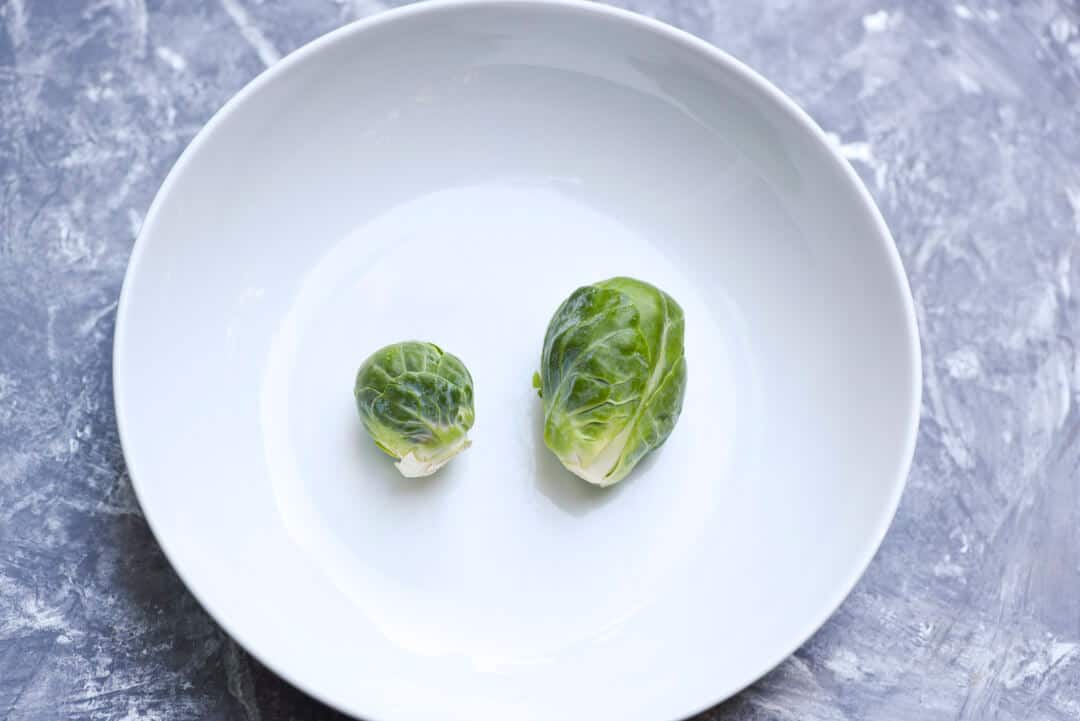 One small and one large Brussels sprout in a white dish to compare the size.