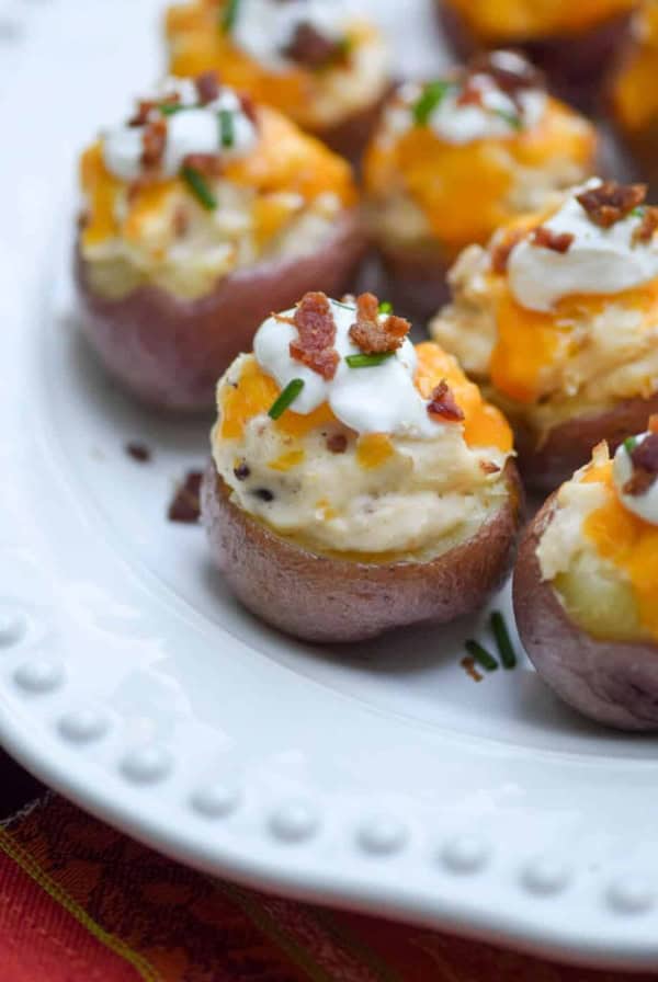 A close up of stuffed baby potatoes.