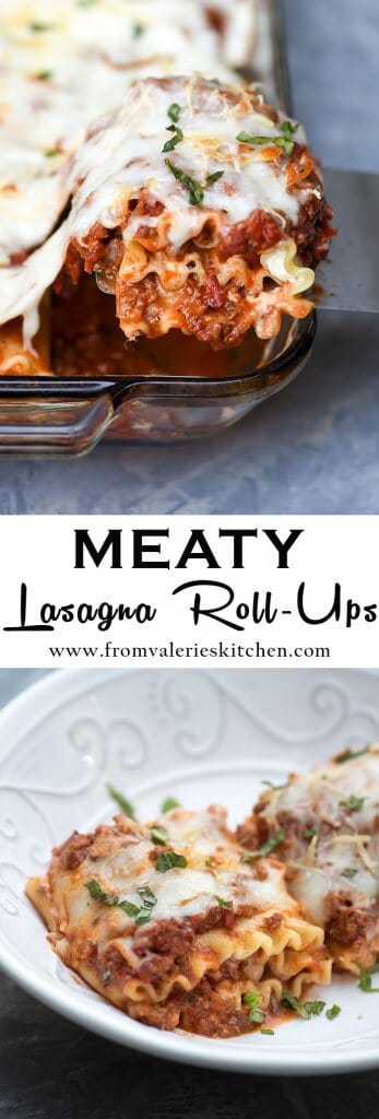 A two image vertical collage of Meaty Lasagna Rollups with text overlay.