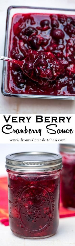 Cranberry sauce in a dish and a mason jar with text overlay.
