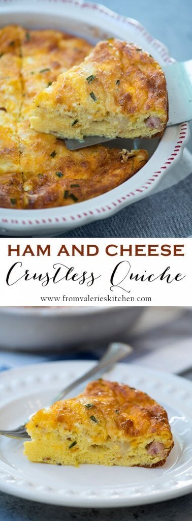 Two images of ham and cheese crustless quiche with text.