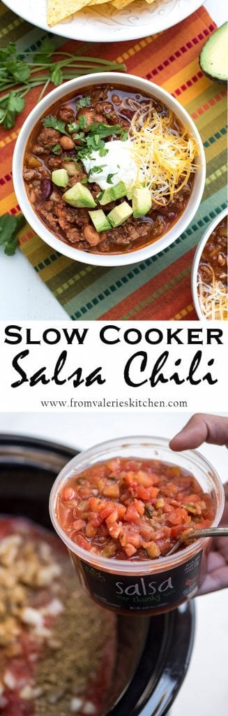 A two image vertical collage of Slow Cooker Salsa Chili with text overlay.