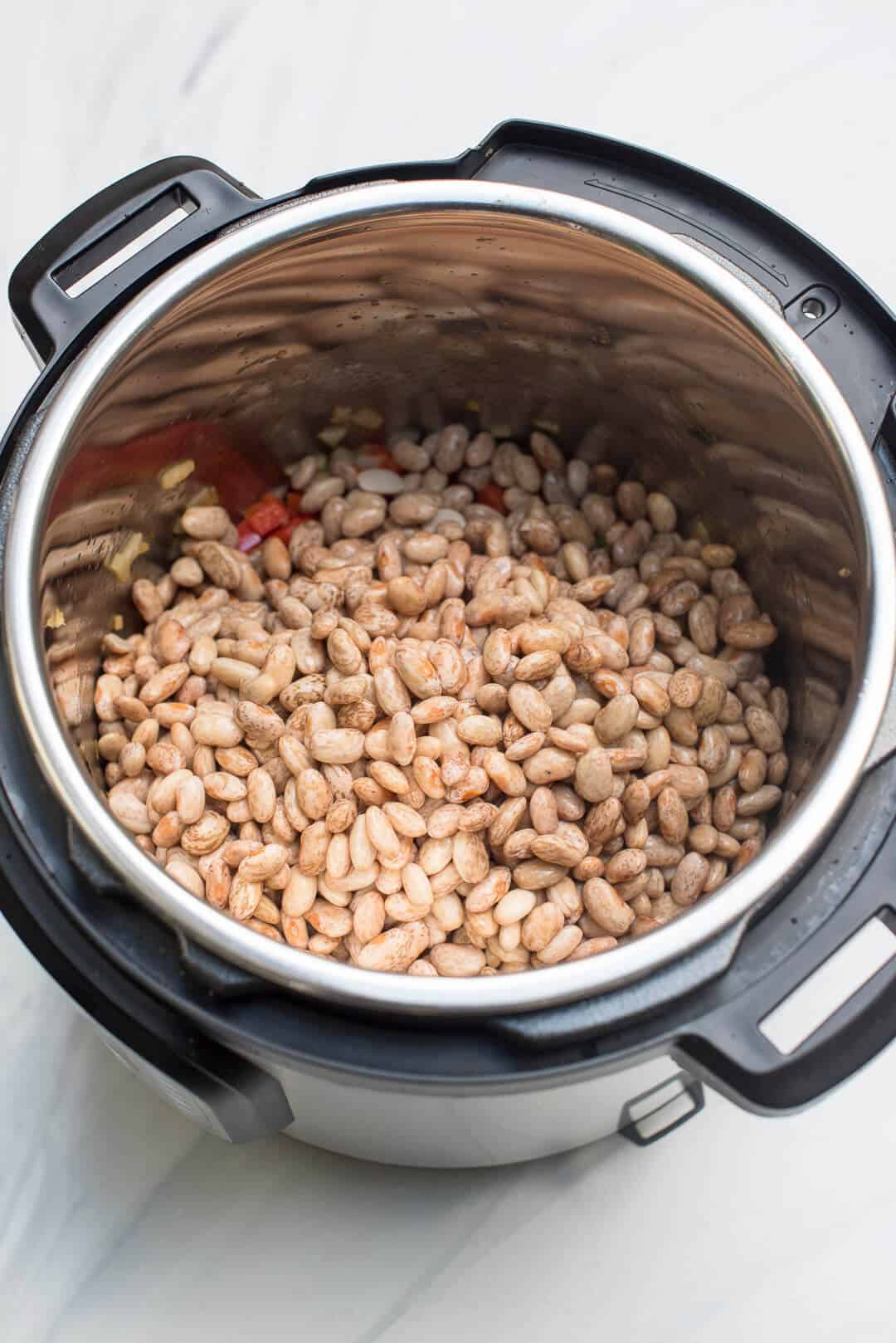 An over the top image showing the dry pinto beans added to the Instant Pot.